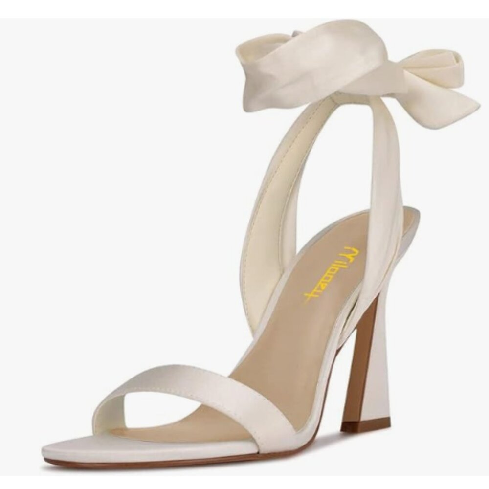 Milooey shoes White Open Toe Strappy Lace Up Block High Heels Ankle Strap Sandal
